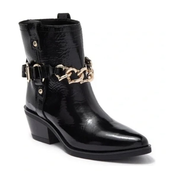 NEW Love Moschino Western Pointy Harness Patent Leather Ankle Boot in Bl… - Picture 1 of 12